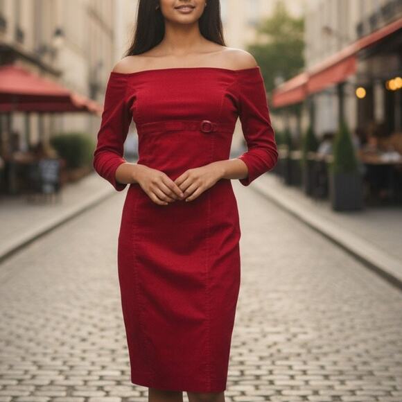 ZARA Red Dress Women M Empire Waist w Belt Buckle On Off Shoulder 3/4 Sleeve - Picture 2 of 13